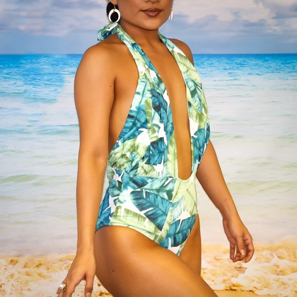TROPICAL PRINT HALTER TIE HIGH WAIST MONOKINI - Picture 4 of 4